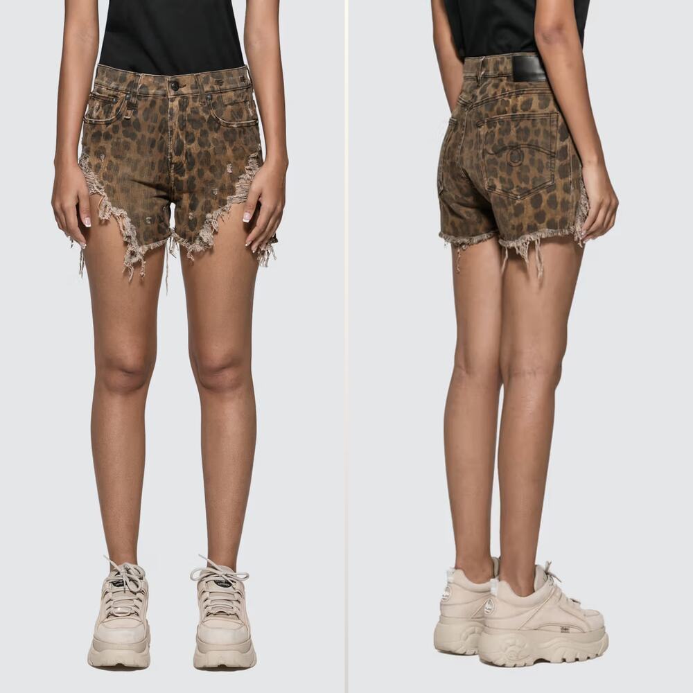 R13 Shredded Slouch Shorts Leopard Print sz 27 R13W0190-971 Distressed Japan